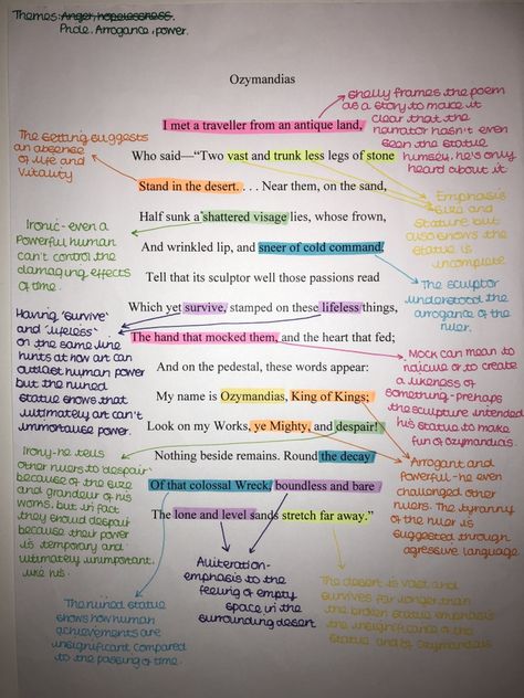 Power and conflict poems GCSE Ozymandias annotated poem Power And Conflict Poetry Revision Ozymandias, Writers Effect Igcse, How To Annotate Poems, Ap Literature Notes, Poems Annotation, Ozymandias Analysis, Gcse Power And Conflict Poems Revision, Annotating Poems, Ozymandias Annotations