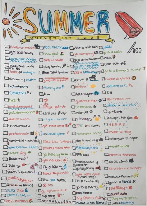 summer bucket list ~ 100 things to do this summer 100 Things To Do This Summer Bucket List, Summer Bucket List 2024 Poster Board, Summer Poster Board Ideas, Summer 24 Bucket List, Things To Do At The Pool, 100 Things To Do This Summer, Summer Bucket List Poster, Summer Bucket List 2024, Summer List Ideas