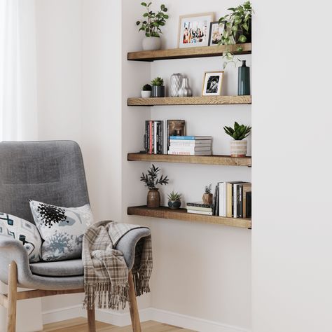 Rustic Alcove Shelf | The Crafty Couple Cottage Shelves Living Room, Wall Alcove Ideas, Recessed Shelves Living Room, Alcove Decor, Alcove Shelf, Shelf Nook, Alcove Bookshelves, Bedroom Alcove, Alcove Shelves