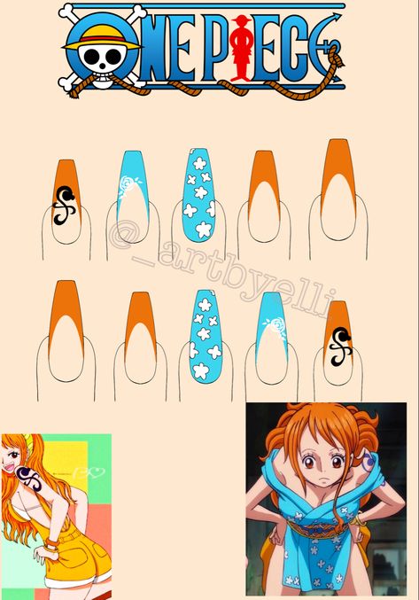 Anime Based Nails, One Piece Acrylic Nails, Anime Nails Art Ideas, Nami Nails One Piece, One Piece Anime Nails Designs, Simple Anime Nail Designs, Anime Theme Nails, Anime Inspired Nails One Piece, One Piece Nails Design