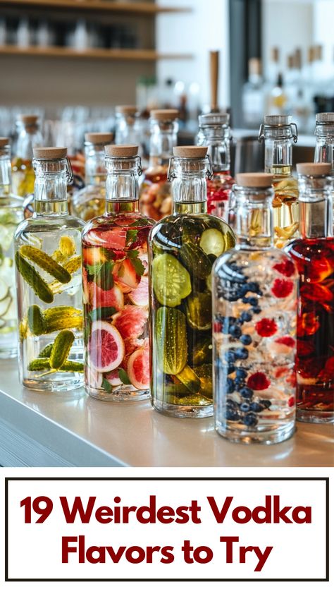 A variety of unusual vodka bottles featuring weird flavors like pickle and bacon, displayed on a bar counter, ready to be mixed into creative cocktails or sipped straight for a bold and unique tasting experience. Infused Vodka Recipes, Vodka Flavors, Flavored Vodka Drinks, Flavoured Vodka, Infused Vodka, Vodka Drinks, Flavored Vodka, Drying Herbs, Taste Buds