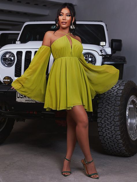 Olive Green Sexy  Long Sleeve Polyester Plain A Line Embellished Non-Stretch Summer Women Dresses Perfect Spring Outfit, Derby Dress, Olive Green Dresses, Plus Size Party Dresses, Flare Mini Dress, Flounce Sleeve, Look Chic, Flare Dress, Spring Outfit