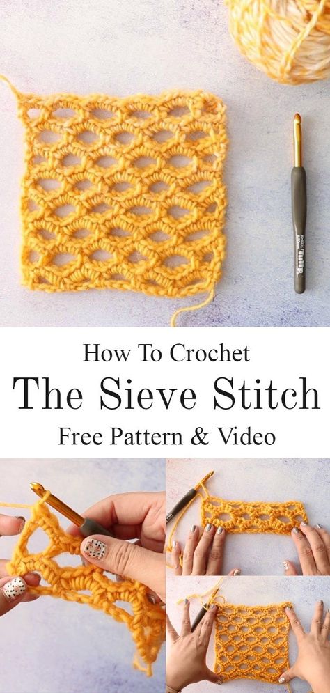 How To Crochet The Sieve Stitch Open Weave Crochet Stitches, Crochet Stitch Diagram, Weave Crochet Stitch, Open Weave Crochet, Crochet Stitch Pattern, Crochet Stitches Guide, Crochet Stitches Diagram, Easy Crochet Stitches, Double Crochet Stitch