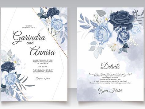 Elegant wedding invitation card with navy blue floral and leave by MARIA NURINCE DOMINGGAS Undangan Pernikahan Elegant, Invation Card Background Blue, Navy Blue Invitation Template, Engagement Card Design, Navy Blue Invitation Background Blank, Christian Wedding Invitations, Blue Floral Invitation Template, Elegant Wedding Invitation Card, Wedding Motifs