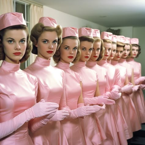 Pink Uniform Aesthetic, 50s Housewife Aesthetic, 50s Housewife Dress, Retro Futurism Fashion, Housewife Dress, Futurism Fashion, Female Clown, Stepford Wife, Hotel Uniform