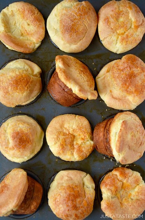 Muffin Pan Popovers Popovers Recipe, Muffin Pan Recipes, Fancy Kitchen, Popover Recipe, Crepe Suzette, Just A Taste, Breaking Bread, Biscuit Rolls, Muffin Tin Recipes