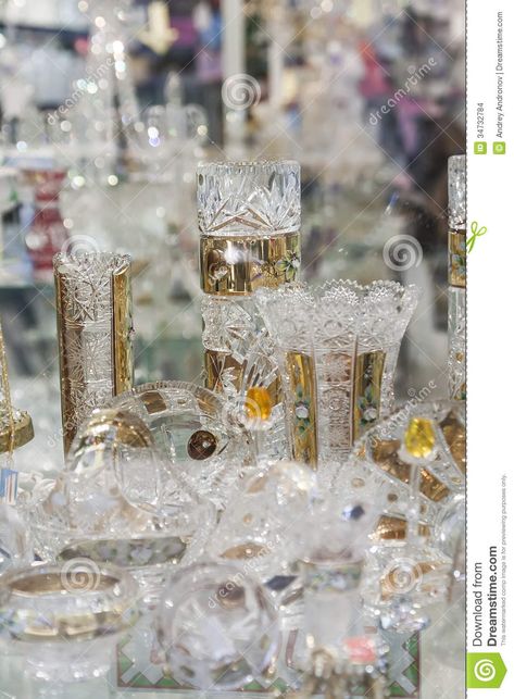 bohemian glassware | Czech crystal in a shop window in Prague. Czech Republic. Bohemian Glassware, Vintage Stemware, Prague Czech Republic, Prague Czech, Czech Crystal, Shop Window, Crystal Shop, Stemware, Prague