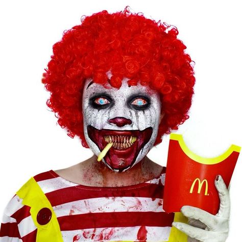 Scary Clown Masks, Scary Ronald Mcdonald Makeup, Scary Ronald Mcdonald Costume, Ronald Mcdonald Makeup Halloween, Mcdonald’s Halloween, Creepy Ronald Mcdonald, Scary Ronald Mcdonald, Billie Halloween, Evil Ronald Mcdonald