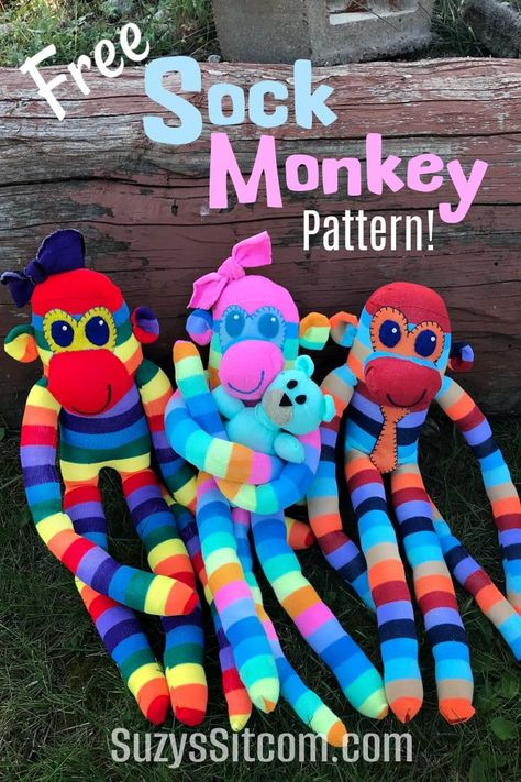 Use our free sock monkey pattern to create an adorable sock monkey and his little sock bear with knee socks, fiber fill, and felt. This fun craft brings back a classic toy, and makes a wonderful handmade gift. Included in this post is a free pattern with full sized templates. #IdeasForTheHome #Kenarry Sock Monkeys Diy, Sock Monkeys Tutorial, Sock Monkey Pattern, Diy Sock Toys, How To Make Socks, Sew Crafts, Monkey Pattern, Puppet Patterns, Sock Monkeys