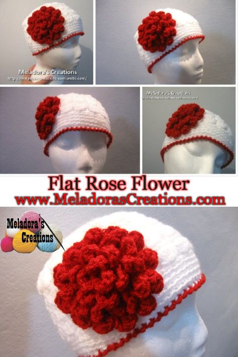 Flat Rose Flower - Free Crochet Pattern - Meladora's Creations Hat Embellishments, Puff Flower, Crochet Puff Flower, Confection Au Crochet, Crochet Flowers Free Pattern, Crochet Simple, Learn How To Crochet, Crochet Flower Patterns, Crochet Bags