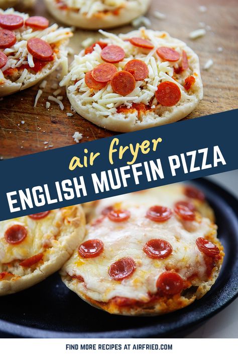 Air Fryer Lunchbox Ideas, English Muffin Uses, English Muffin Recipe Ideas Dinners, Air Fryer English Muffin Breakfast, English Muffin Recipe Breakfast, Air Fryer English Muffin Pizza, English Muffin Pizza Air Fryer, Pizza English Muffins Recipes, Pizza English Muffins Air Fryer