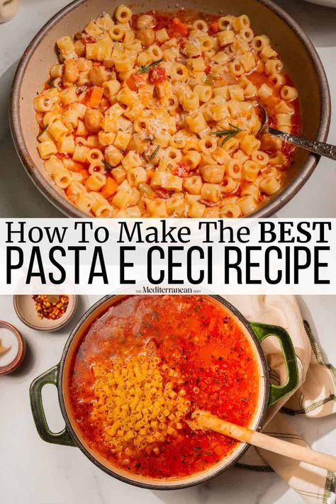 Pasta e ceci, or pasta with chickpeas, is an Italian classic made with rosemary, vegetables, and parmesan. An easy, nutritious, and comforting weeknight pasta recipe. Pasta E Cece, Pasta A Ceci, Pasta E Ceci Soup, Chickpeas And Pasta, Pasta And Chickpeas, Rosemary Vegetables, Chickpea Pasta Recipes, Ditalini Pasta Recipes, Pasta Ceci