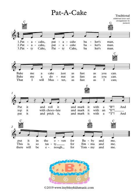 Pat-A-Cake Sheet Music With Chords For Guitar And Lyrics Chords For Guitar, Lullaby Lyrics, Cake Sheet, Nursery Rhymes Poems, Nursery Rhymes Lyrics, Hymn Music, Kindergarten Songs, Nursery Songs, Poetry For Kids