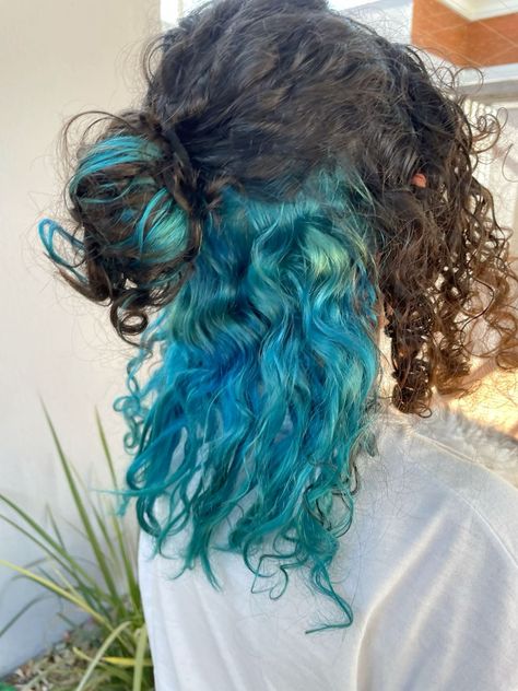 Beautiful Blue Highlights That Will Inspire You Blue Hair Highlights Curly, Curly Underdye Hair, Under Dyed Hair Curly, Peekaboo Curly Hair, Coloured Curly Hair, Curly Hair Peekaboo Color, Colorful Curly Hair, Undercolor Hair, Blue And Black Hair