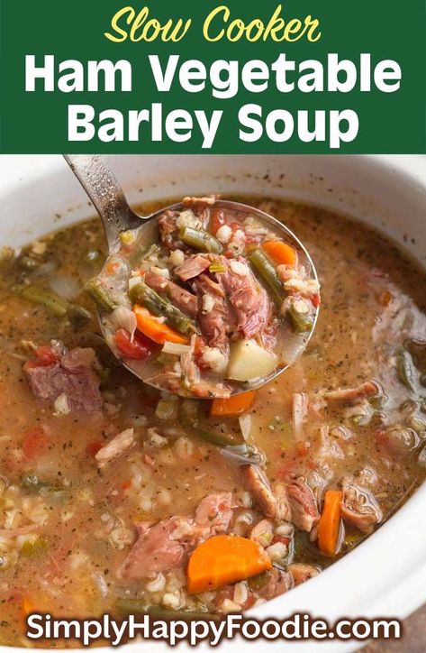 Slow Cooker Ham Vegetable Barley Soup is a rustic and delicious soup made with a leftover meaty ham bone. This crock pot ham vegetable barley soup is loaded with healthy veggies, and lots of flavor. A dump and go slow cooker soup. simplyhappyfoodie.com #slowcookersoup #slowcookerhamsoup #leftoverhambone #crockpothamsoup Slow Cooker Ham Soup, Ham Bone Soup Recipes, Crock Pot Ham, Simply Happy Foodie, Ham Bone Soup, Vegetable Barley Soup, Slow Cooker Ham, Crockpot Ham, Ham Bone