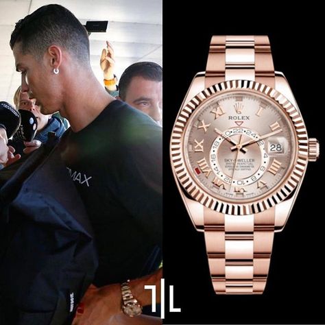 The Football legend @cristiano wears a @rolex Oyster Perpetual Sky-Dweller in 18K rose gold with sundust dial. The dial on the Sky-Dweller ref. 326935 features applied 18K everose roman numerals and rectangular apertures located behind each numeral. These cutout apertures are where the corresponding month is displayed by a bright red disc.  Price : $ 48,850.00  #rolex #skydweller #ronaldo #cr7 #watches #luxury #cristiano #football #juventus #champions #watch  #InsaneLuxuryLife Photo : Quimi Orti Ronaldo Cr7, Sky Dweller, Watches Luxury, Rolex Oyster Perpetual, Watch For Men, Rolex Oyster, Oyster Perpetual, Sports Watch, Timeless Accessories