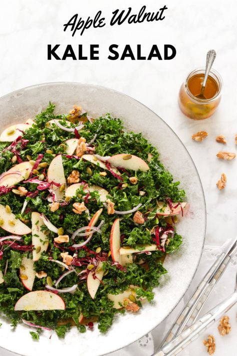 Apple Walnut Kale Salad Salad With Apple Cider Vinaigrette, Kale Apple Salad, Apple Cider Vinaigrette, Apple Walnut Salad, Cider Vinaigrette, Apple Salad Recipes, Apple Walnut, Kale Salad Recipes, Kale Recipes