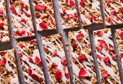 Strawberry ‘N’ Cream Granola Bars Are The Perfect Healthy-ish SnackDelish Air Fryer Doughnut Recipe, Pancake Dippers, Healthy Breakfast For Kids, Iron Recipes, Granola Recipe Bars, Savory Scones, Granola Bar, Cream Cheese Spreads, Freeze Dried Strawberries