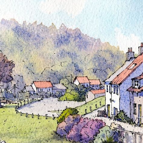 Matty Burnham on Instagram: "Sandsend, North Yorkshire.  10x8” ink and watercolour.   #lineandwash #schminckefan  #inkandwatercolor #illustration  #rosemarysbrushes #archespaper #sandsend #northyorkshire" Watercolour Cottage, Watercolor Cottages, Watercolour Houses, Ink And Watercolor Art, Watercolour House, Color Sketches, Loose Watercolor Paintings, Learn Watercolor Painting, Watercolor Art Landscape