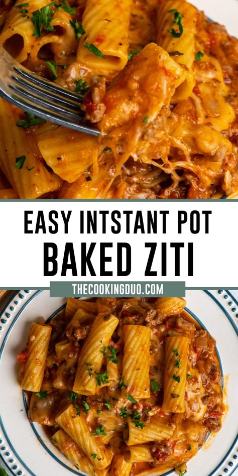 close up of baked ziti on a fork. Baked Ziti With Meat, Instant Pot Baked Ziti, Easy Baked Ziti, Ziti Recipe, Ziti Pasta, Instant Pot Pasta Recipe, Ziti Recipes, Baked Ziti Recipe, Hot Italian Sausage