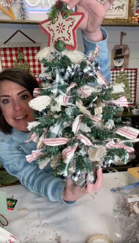 Rag Bows For Christmas Tree, How To Make Rag Christmas Trees, Crafts With Dollar Tree Christmas Trees, Diy Rag Tree, Rag Trees Christmas Diy, Dt Christmas Diy, Dollar Tree Christmas Tree Diy, Rag Christmas Tree Diy, Rag Trees How To Make