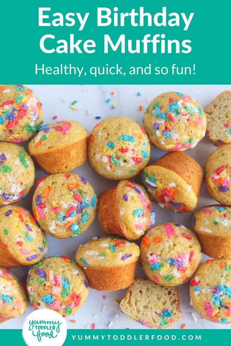 Toddler Birthday Dessert Ideas, Little Muffins Recipes, Muffins With Sprinkles, Homemade Funfetti Mini Muffins, Healthy Daycare Birthday Treats, Birthday Muffins Ideas, Confetti Mini Muffins, Healthy Bday Treats, Birthday Cake Mini Muffins