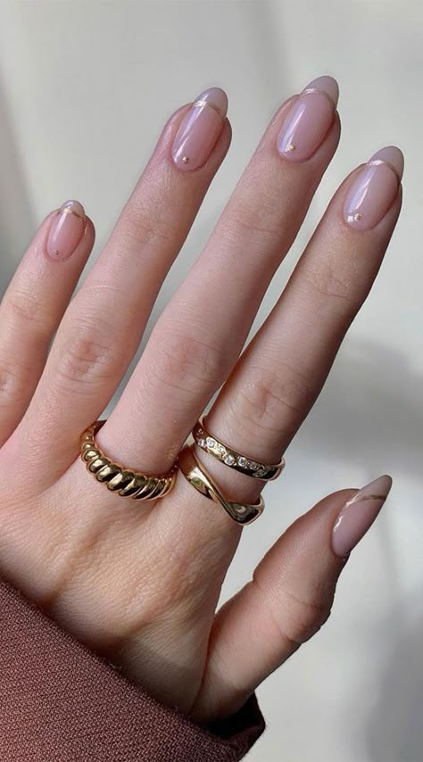 40 Stylish French Tip Nails for Any Nail Shape : Gold Line French Tip Nails I Take You | Wedding Readings | Wedding Ideas | Wedding Dresses | Wedding Theme Nude Nails Design, Almond Acrylic Nails Designs, Gold Nail Designs, French Tip Nail Designs, Nude Nail Designs, Nail Type, Almond Nails Designs, Tip Nails, Soft Nails