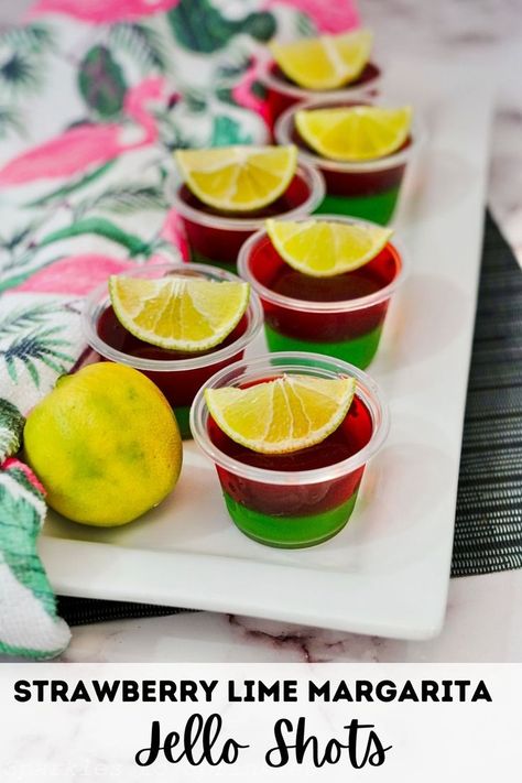 starwberry lime margarita jello shots on a white rectangle plate, each one topped with a slice of lemon Christmas Tree Jello Shots, Strawberry Lime Margarita, Viral Cinnamon Rolls, Lime Jello Shots, Jello Shots Recipes, Alcohol Jello Shots, Rainbow Jello Shots, Peach Jello Shots, Strawberry Margarita Jello Shots