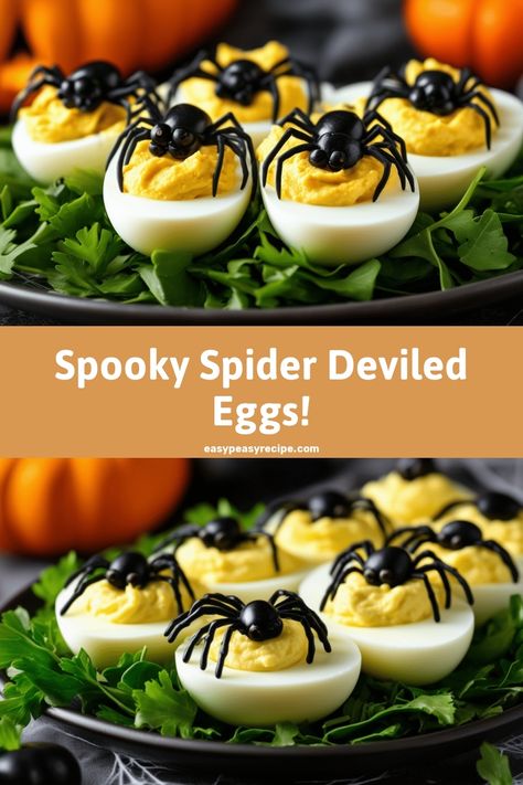 A plate of deviled eggs with spider-shaped olive toppings, perfect for a spooky Halloween recipe. Halloween Party Food Deviled Eggs, Deviled Eggs With Spiders, Spider Devilled Eggs, Halloween Food Deviled Eggs, Spooky Spider Deviled Eggs, Spooky Deviled Egg Spiders, Deviled Halloween Eggs, Seasonal Breakfast Ideas, Halloween Deviled Eggs Spider