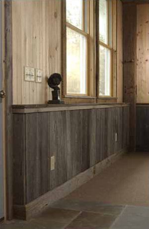 I love the idea of using rustic barnwood as wainscotting. ﻿    I really like this one, I think it's the ledge along the top I like the most.... Wood Wainscoting, Wainscoting Styles, Diy Wainscoting, Barn Siding, Barn Wood Projects, Old Barn Wood, Wood Interior, Barn Board, Wood Siding