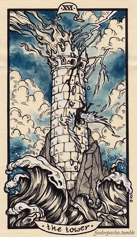 The Tower Tarot card: I love the watercolor quality of this tarot card, and I think drawing my own design and digitally coloring it in would be interesting. Fyodor Pavlov, Think Drawing, Tower Tarot Card, Tarot Card Artwork, Tarot Cards Art Illustration, The Tower Tarot Card, The Tower Tarot, Tarot Tattoo, Tarot Card Tattoo