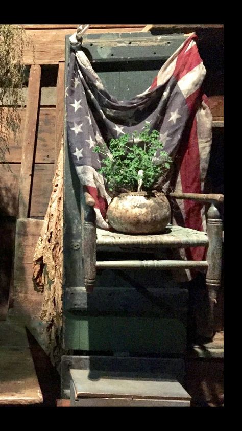 Old Flag Ideas Display, Flag On Porch, Americana Porch Decor, Old Window With Flag, Ragged Old Flag, Black Americana Antiques, Rustic Primitive Decor, Americana Home Decor, Country Cottage Interiors