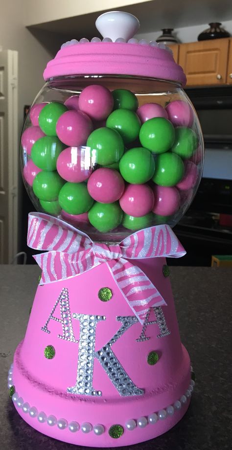 Alpha Kappa Alpha Sorority clay pot gumball machine. Aka Crafts Ideas, Aka Gifts Diy Alpha Kappa Alpha, Aka Paddles Alpha Kappa Alpha, Sorority Gift Ideas, Alpha Kappa Alpha Crafts Mirrors, Sorority Gifts Diy, Aka Sorority Handbags, Alpha Kappa Alpha Crafts, Aka Sorority Pillows