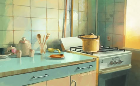 Kitchen Digital Art, Kitchen Animation, Desk Illustration, Room Illustration, Kitchen Illustration, Kitchen Illustration Art, Personal Project Ideas, Kitchen Background, Interior Concept Art