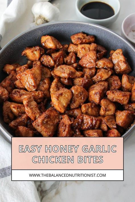 Try this honey garlic chicken for an easy chicken dinner. The chicken bites are marinated in a marinade that's both flavorful and sticky, creating a perfect balance of taste. This honey chicken recipe makes the chicken tender, juicy, and irresistible. These bites are simple to make and sure to impress. Meal Idea List, Honey Garlic Marinade, Honey Garlic Chicken Bites, Chicken With Soy Sauce, Garlic Chicken Bites, Garlic Chicken Marinade, Easy Honey Garlic Chicken, Chicken Cubes, Honey Chicken Recipe