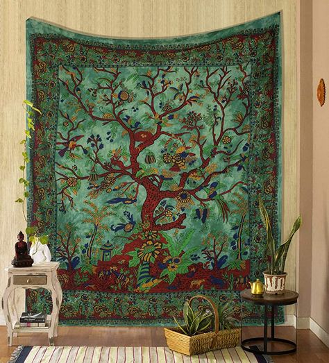 Hippie Bedroom Decor, Tree Of Life Tapestry, Blanket Wall, Beautiful Tapestry, Cotton Tree, Blanket On Wall, Hippie Bedroom, Art Hippie, Tree Tapestry