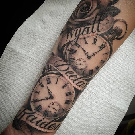 #tattoo #tattoos #tattooist #tattooartist #blackandgrey #blackandgreytattoo #realistictattoo #realismtattoo #blackandgrey #blackandgreytattoo #rosetattoo #roses #pocketwatch #pocketwatchtattoo #names #script #banner #clocktattoo #clock #point2point #tattoostudio #erith #kent #southlondon Name With Rose Tattoo, Script Banner, Date Tattoos, Pocket Watch Tattoo, Clock Tattoo, Book Tattoo, Realism Tattoo, Name Tattoo, South London