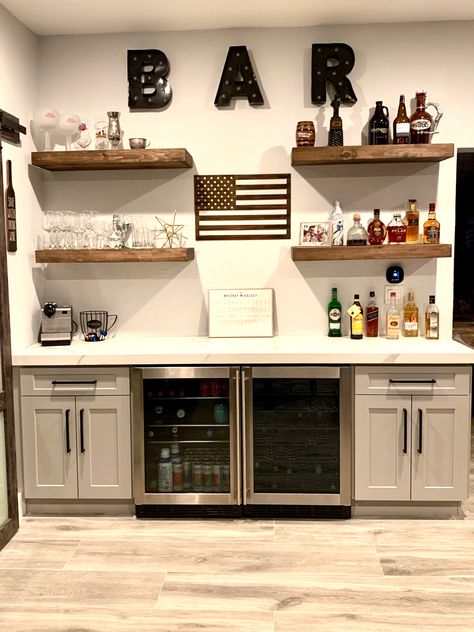 Kitchenette Shelving Ideas, Simple Dry Bar Ideas Basement, Basement Bar Against Wall, Small Kitchenette Ideas Basements, Basement Fridge Ideas, Sunroom Bar Ideas Interior Design, Basement Wall Bar Ideas, Small Bar Area In Basement, Basement Beverage Station