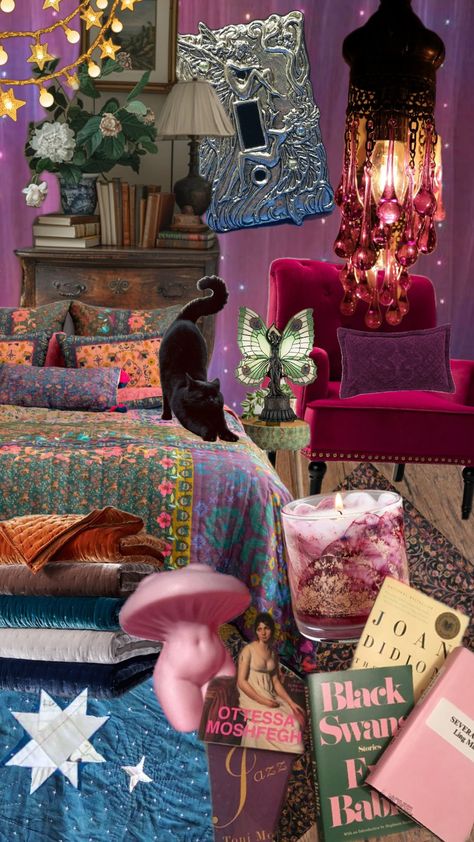 my room Hot Room Aesthetic, 90s Whimsigoth Bedroom, Bratz Room Aesthetic, Whimsigoth Room Decor, Boho Room Aesthetic, Eccentric Bedroom, Esthetic House, Funky Room, 80s Interior Design