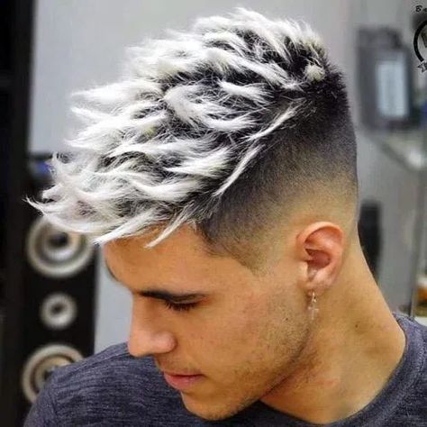 Thick Textured Bleached White Hair with High Fade 30 Hair Color, Trendy We Fryzurach, Dyed Hair Men, Mens Hair Colour, Taper Fade Haircut, Cool Short Hairstyles, Men Hair Color, Dark Hair With Highlights, Punk Hair