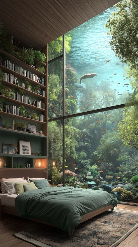 Explore Underwater Bedroom, Ocean Light, Underwater House, Underwater Scene, Green Duvet, Large Window, Sea Coral, Through The Window, Underwater World