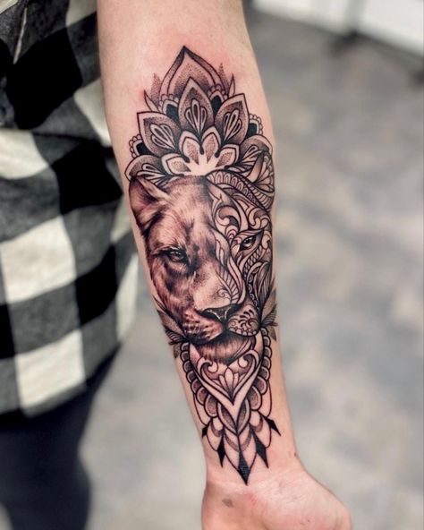 Lioness tattoo half realistic half mandala / dotwork / ornamental #woxtattoo #dotwotktattoo #mandalatattoo #lioness #tattooideas #tattooideasformen Madrid tattoo Animal Mandala Tattoo, Mandala Lion Tattoo, Mandala Tattoo Sleeve Women, Lioness Tattoo Design, Mandela Tattoo, Mother Tattoos For Children, Half Mandala, Madrid Tattoo, Butterfly Hand Tattoo