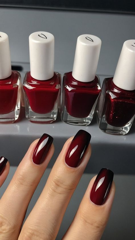 Achieve elegance with our burgundy nails design ideas Explore dark red nail art polish your French designs with classy black accents and discover short French tips with chrome and acrylic finishes Perfect for a sophisticated and chic manicure these burgundy nail inspirations are sure to elevate your style Classy Dark Red Nails, Burgundy Nails With Accent Nail, Dark Red Glitter French Tip Nails, Deep Red Nail Color, Dark Burgundy Short Nails, Burgundy Black Nails, Nail Art Simple Elegant Classy, Dark Red Black Nails, Burgundy Chrome Nails Designs