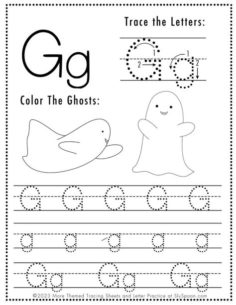 Letter G Halloween Crafts, Abc Tracing Printables Free Preschool, G Tracing Worksheet, G Is For Ghost, Ghost Crafts Preschool, Letter G Tracing, Letter G Crafts, Letter G Activities, Tracing Letters Preschool