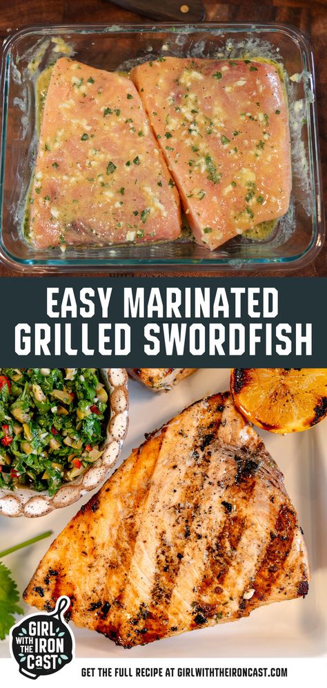 Enjoy simple grilled swordfish steaks for weeknights, BBQs, and beyond! Start with a quick 15-minute lemon marinade to season and tenderize the fish, then grill for a smoky char. This recipe delivers perfectly tender and succulent swordfish in no time, with easy step-by-step instructions. Serve with a briny olive chimichurri and charred lemons for a delicious finish. Recipes For Swordfish Steaks, Swordfish Steak Recipe Grilled, Swordfish On The Grill, Swordfish Seasoning, Swordfish Grilled Recipes, Marinade For Swordfish Steaks, Grilled Swordfish Recipes Steaks, Swordfish Marinade Recipes, Seafood Grill Recipes