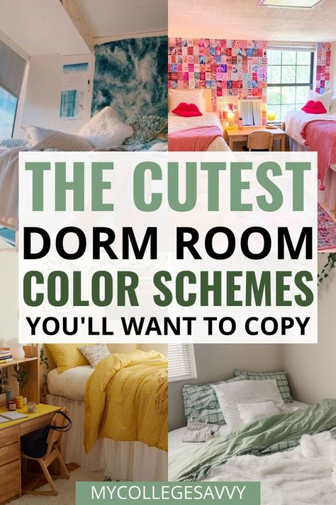 the cutest dorm room color schemes you'll want to copy Boho Dorm Room Ideas, Dorm Color Schemes, Single Dorm Room, Dorm Room Color Schemes, Dorm Colors, Dorm Room Themes, Dorm Room Colors, Dorm Room Layouts, Beautiful Dorm Room