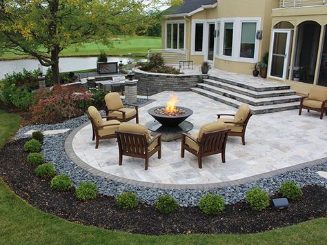 stairs, firepit, paver patio with travertine, Back Yards, Patio Patio Plan, Concrete Backyard, Concrete Patios, Patio Wall, Garden Area, Front Patio, Patio Landscaping, Backyard Fire, Paver Patio