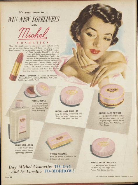 1951 advertisement for Michel cosmetics : Free Download, Borrow, and Streaming : Internet Archive Vintage Cosmetics Ads, 50s Skincare, Vintage Beauty Products, 1950s Beauty, American Makeup, Beauty Ads, Beauty Ad, Vintage Cosmetics, Cosmetic Items