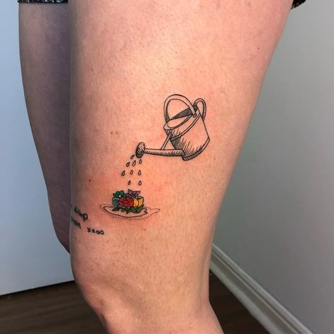 Watering Can Tattoo Fine Line, Traditional Watering Can Tattoo, Watering Can Tattoo, Can Tattoo, Writing Tattoos, Pretty Skin, Tat Ideas, Skin Art, Tattoo Inspo