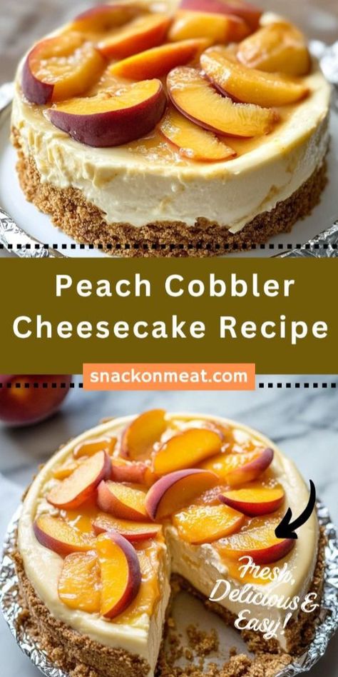 This Peach Cobbler Cheesecake is a dreamy combination of creamy vanilla cheesecake, juicy peaches, and a buttery cobbler topping! Perfect for summer gatherings, this decadent dessert will impress everyone at the table. 🍑🍰 #PeachCobblerCheesecake #SummerDesserts #CheesecakeLovers Peach Cobbler Cheesecake Recipe, Peach Cobbler Cheesecake, Peach Cheesecake, Cobbler Topping, Cheesecake Recipes Classic, Glaze For Cake, Cheesecake Lovers, Vanilla Cheesecake, Cheesecake Bars